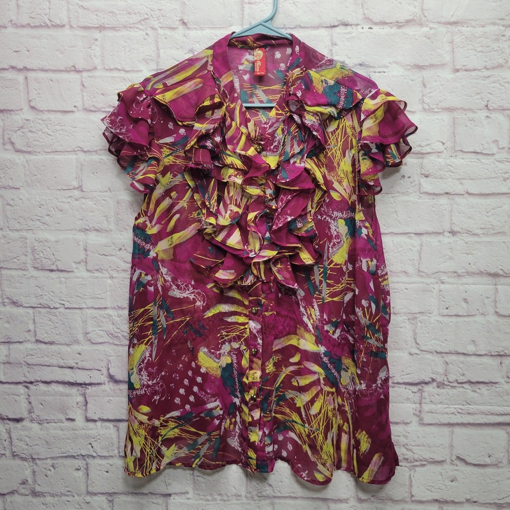 Y2K Apple Bottoms Sheer Ruffle Button Blouse Sz 2X Abstract Tropical Bright Boho